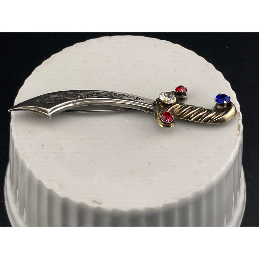 Vintage Sterling Silver Sword Brooch Curved Dagger Scimitar Rhinestone Hilt Pin - Picture 5 of 11